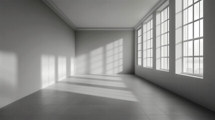 Canvas Print - Spacious empty white room with large windows casting light and shadow patterns on the floor.