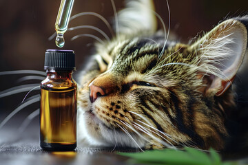 Wall Mural - Pet Cat taking CBD hemp oil from dropper for anxiety treatment, 