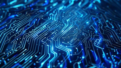 Wall Mural - Close-up of a glowing blue circuit board, representing technology, digital networks, and electronic components. Perfect for tech visuals.