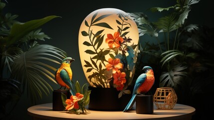 Poster - Tropical Tabletop with Birds and Lamp