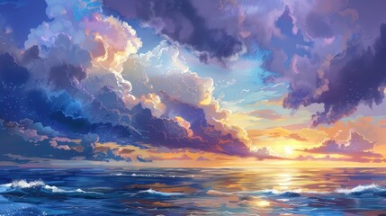 Poster - Sunset seascape with stormy clouds over serene ocean waters