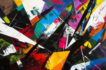 Sticker - A dynamic abstract painting showcasing a variety of colors, bold contrasts, and sharp angles in a captivating composition, Bold contrasts and sharp angles in a composition that conveys activity