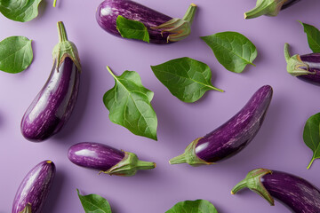 Wall Mural - Fresh Eggplants and Green Leaves on a Pastel Purple Background