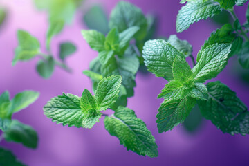 Wall Mural - Fresh Mint Leaves Against Vibrant Purple Background   Aromatic Herb