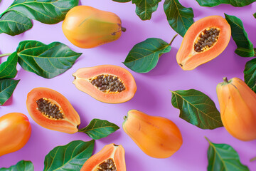 Wall Mural - Fresh Papayas and Green Leaves on Pastel Pink Background   Vibrant Tropical Fruit Flat Lay