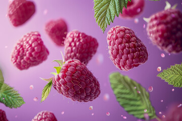 Wall Mural - Fresh and Juicy Raspberries in Mid Air with Green Leaves Against Purple Background