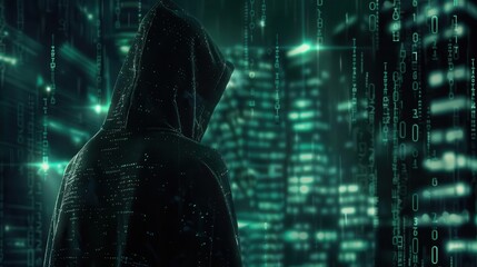 faceless hooded hacker in dark digital space with matrix background cyber security threat concept ai art