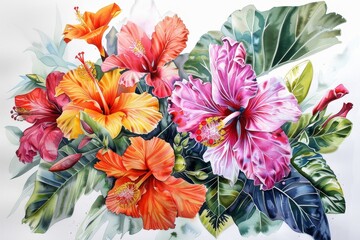 Sticker - Painting of a vibrant bouquet of flowers on a plain white background, Botanical sketches and watercolor paintings