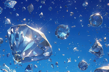 Wall Mural - brilliant diamonds floating in a sparkling blue sky
