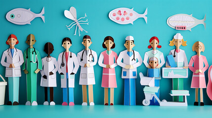 Colorful paper art illustration of diverse healthcare professionals and medical equipment on a blue background.