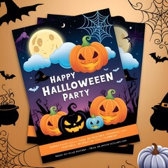 Happy Halloween party posters set with night clouds and pumpkins in paper cut style. Vector illustration. Full moon, witch cauldron, spiders web and flying bat. Place for text. Brochure background