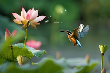 Wall Mural - Vibrant Bird Near Lotus Blossom in Pond