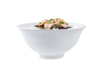 Wall Mural - Rice bowl with salmon flakes, nori and scallion on a white isolated background