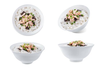 Wall Mural - Rice bowl with salmon flakes, nori and scallion on a white isolated background