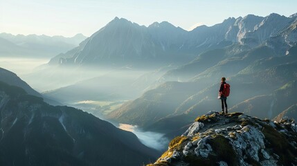 a hiker, standing on a mountaintop, with a breathtaking view of a valley bathed in morning light sof