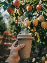 Wall Mural - A hand holding a cup of hot coffee in an apple orchard. AI.