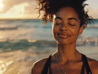 Canvas Print - A young woman with curly hair and her eyes closed is standing on a beach at sunset. AI.