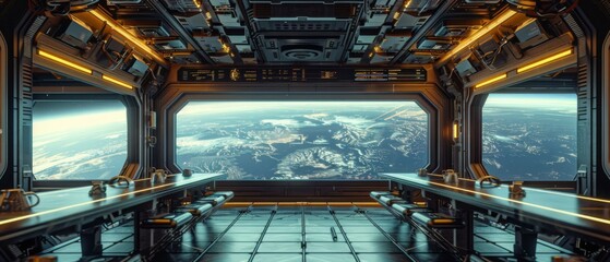 Wall Mural - A view of a planet from the inside of a spaceship. AI.