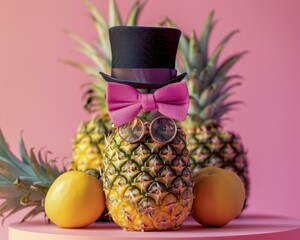 Poster - Pineapple wearing a top hat and glasses. AI.