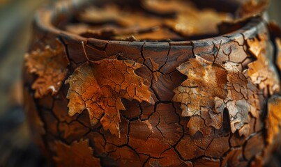 Wall Mural - A ceramic vase with a textured surface resembling tree bark and decorated with dried leaves. AI.