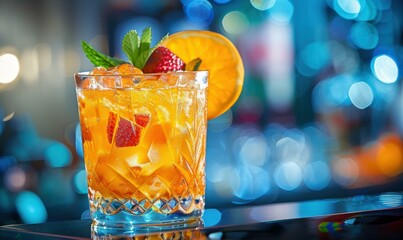 Wall Mural - A refreshing cocktail with orange, strawberry, and mint. AI.