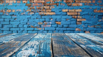 Canvas Print - Vintage Style Wooden Tabletop on Blue Brick White Background for Copy and Branding Ideal for Product Displays