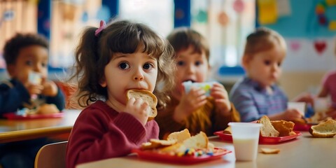 multicultural school children eating lunch kindergarten classroom diverse infants sitting at desk