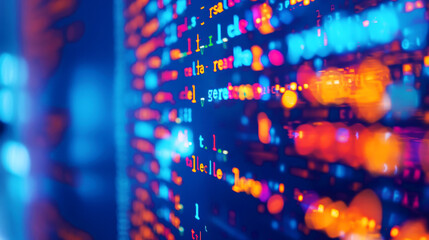 Close-up view of colorful computer code on a monitor with a blurred digital background.