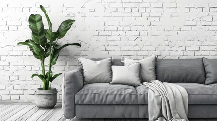 Poster - Grey couch beside patterned fabric and potted plant next to white brick wall