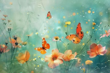 Sticker - Colorful butterflies are seen fluttering above vibrant flowers in a lively painting, Butterflies flitting among spring blooms