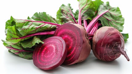 Wall Mural - Fresh Beets with Green Leaves on White Background