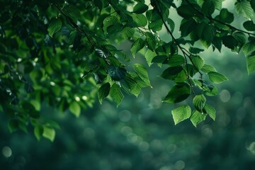 Wall Mural - Lush green leaves hanging down from a tree branch with a gentle sway in the breeze, Canopy of leaves swaying in the breeze