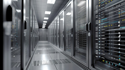 Wall Mural - Dimly lit server room with multiple data racks and blinking LED indicator lights