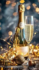 Wall Mural - Sparkling champagne bottle with filled glass, surrounded by golden decorations and bokeh lights, symbolizing festive new year celebration.