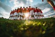 © Iftikhar alam - Group of soccer players standing closely in a circle on the field, showcasing team unity and camaraderie, Capture the camaraderie of a team huddle on the field