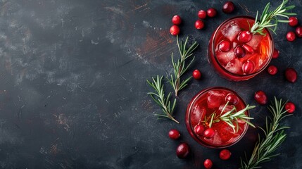 Wall Mural - Christmas cocktail with cranberry and rosemary on a dark background Top view with space for text