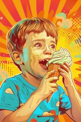 Colorful pop art illustration of a joyful boy eating an ice cream cone against a vibrant background