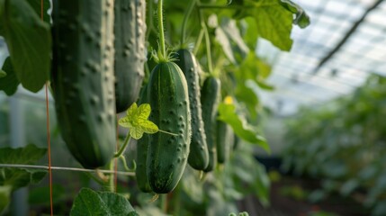 Wall Mural - Green Cucumbers Growing in Greenhouse