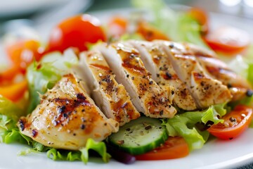 Poster - A detailed view of a plate of food showcasing succulent grilled chicken, Capture the essence of a satisfying grilled chicken salad