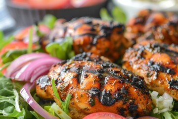 Poster - Detailed shot of a plate of food featuring succulent grilled chicken, Capture the essence of a satisfying grilled chicken salad