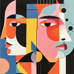 Wall Mural - Cubist collage with a human face and various geometric shards. Artwork. The painting is abstract and has many different colors. Illustration for cover, card, postcard, interior design, decor or print.