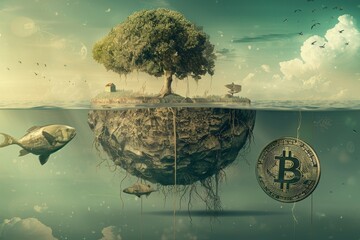 Poster - Bitcoin Drifting Next to Tree, Capture the essence of financial freedom through a surreal interpretation of cryptocurrency concepts