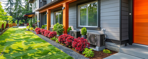 A modern residential outdoor garden featuring an array of heating, air conditioning, and ventilation (HVAC) units strategically installed for efficient climate control.