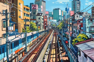 Wall Mural - A painting depicting a train moving through a bustling cityscape, Capture the essence of Tokyo's diverse neighborhoods and districts through your artwork