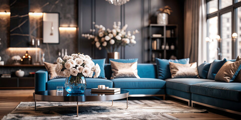 Modern blue living room design with sofa and furniture. Blurred bright living room with sofa and flowers. wide panorama, use for background, digital a