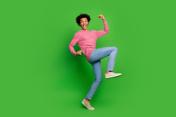 Poster - Full length photo of handsome lucky guy wear pink sweater rising fists emtpy space isolated green color background