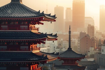 Poster - A cityscape featuring a skyline filled with towering buildings and structures, Capture the intricate fusion of traditional and modern architecture along the Tokyo skyline