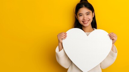 Wall Mural - A woman is holding a white heart-shaped piece of paper. She is smiling and she is happy