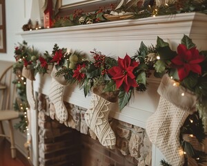 Canvas Print - a mantel decorated with stockings and poinsettis