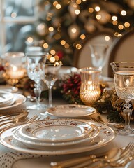 Canvas Print - a table set for a holiday dinner with a christmas tree in the background